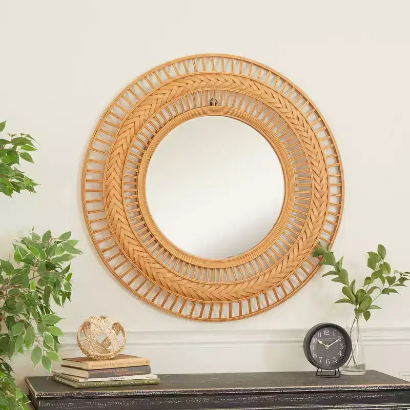 Specchio da parete rotondo in rattan e metallo, 35,63", con cornice a raggiera, marrone