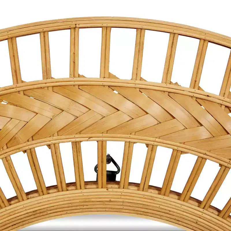 Specchio da parete rotondo in rattan e metallo, 35,63", con cornice a raggiera, marrone