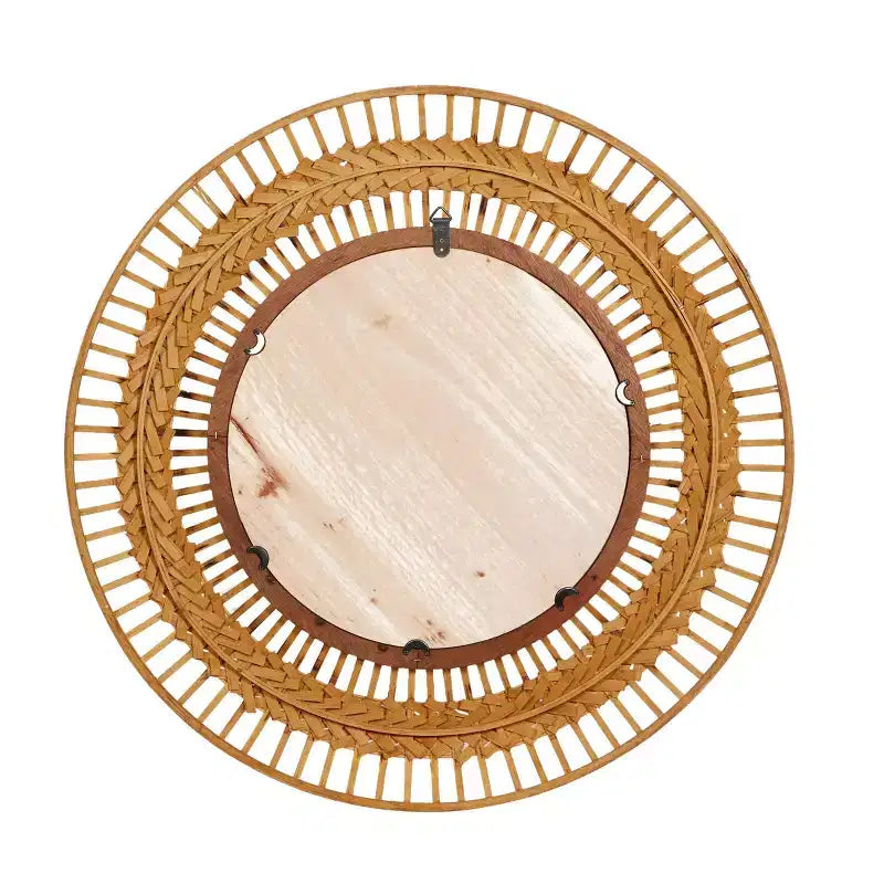 Specchio da parete rotondo in rattan e metallo, 35,63", con cornice a raggiera, marrone