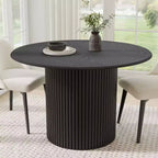 Tavolo da pranzo rotondo da 46" in legno massello di rovere con gambe a piedistallo in rattan intrecciato, 4 posti, nero