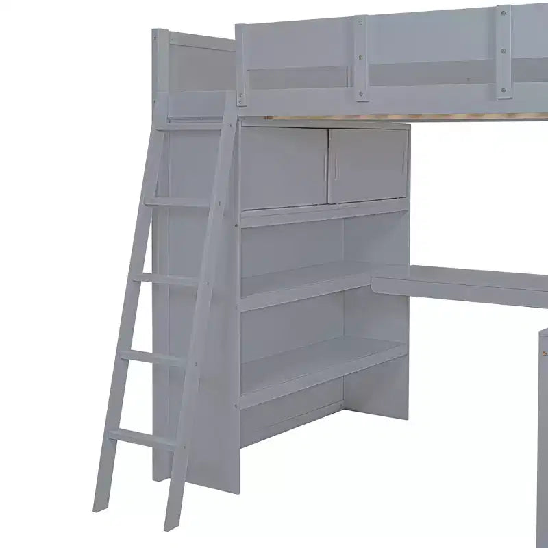 Letto a soppalco full size con scrivania e ripiano, legno massello di pino, sponda di sicurezza, 181 kg, 198 x 146 cm