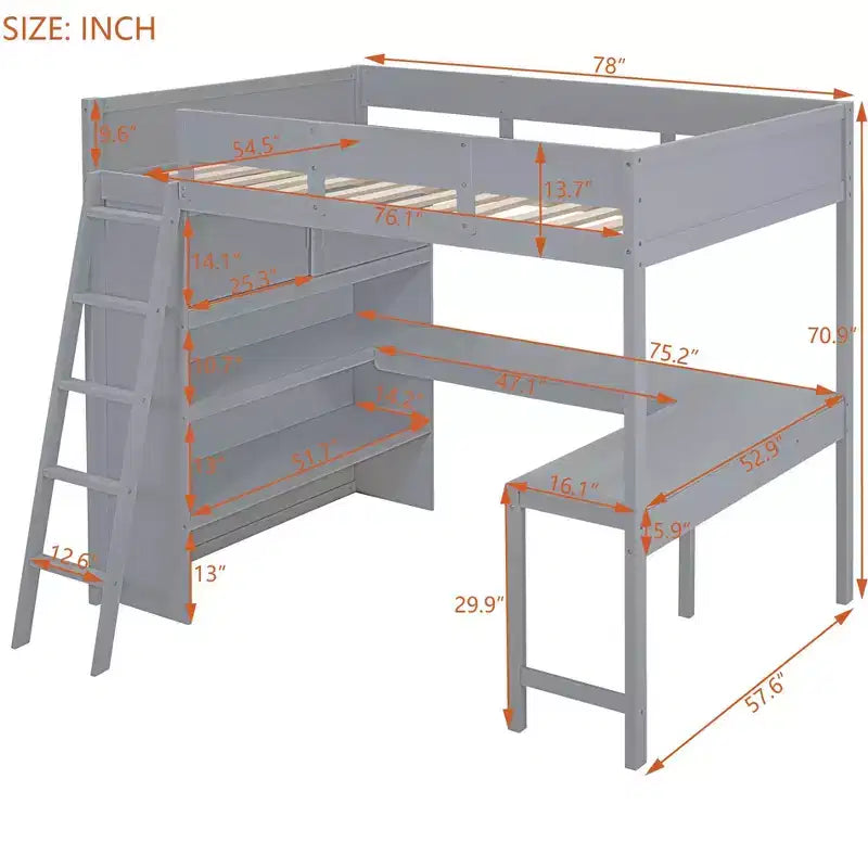 Letto a soppalco full size con scrivania e ripiano, legno massello di pino, sponda di sicurezza, 181 kg, 198 x 146 cm