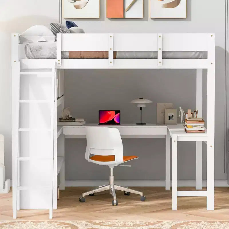 Letto a soppalco full size con scrivania e ripiano, legno massello di pino, sponda di sicurezza, 181 kg, 198 x 146 cm