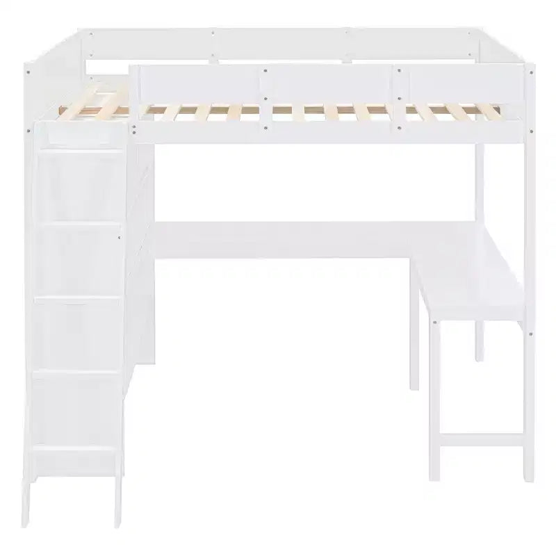 Letto a soppalco full size con scrivania e ripiano, legno massello di pino, sponda di sicurezza, 181 kg, 198 x 146 cm