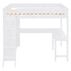 Letto a soppalco full size con scrivania e ripiano, legno massello di pino, sponda di sicurezza, 181 kg, 198 x 146 cm