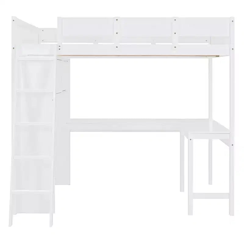 Letto a soppalco full size con scrivania e ripiano, legno massello di pino, sponda di sicurezza, 181 kg, 198 x 146 cm