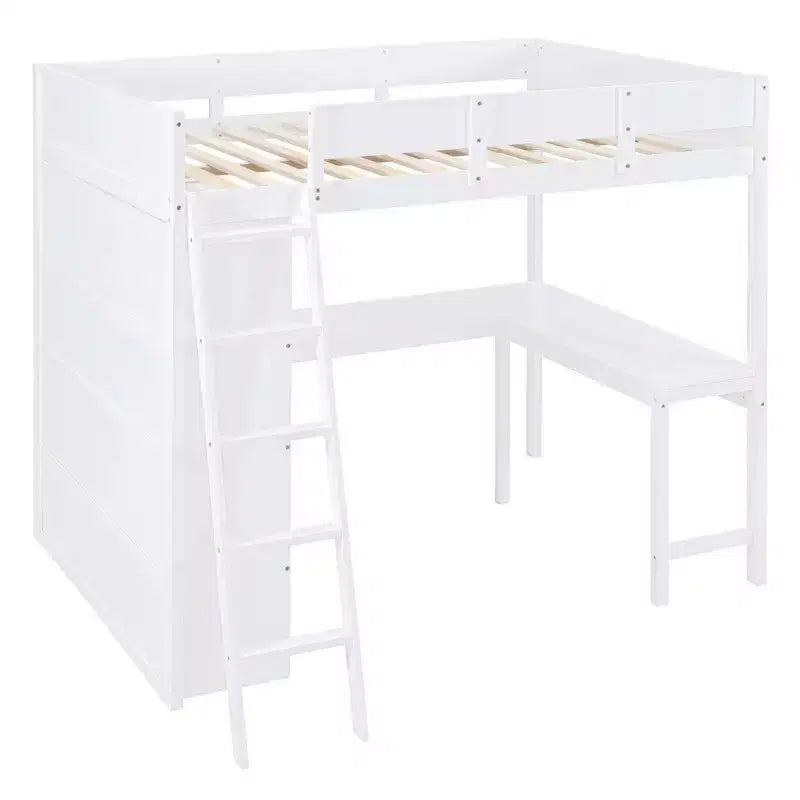 Letto a soppalco full size con scrivania e ripiano, legno massello di pino, sponda di sicurezza, 181 kg, 198 x 146 cm