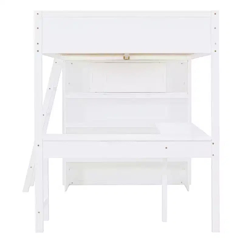 Letto a soppalco full size con scrivania e ripiano, legno massello di pino, sponda di sicurezza, 181 kg, 198 x 146 cm
