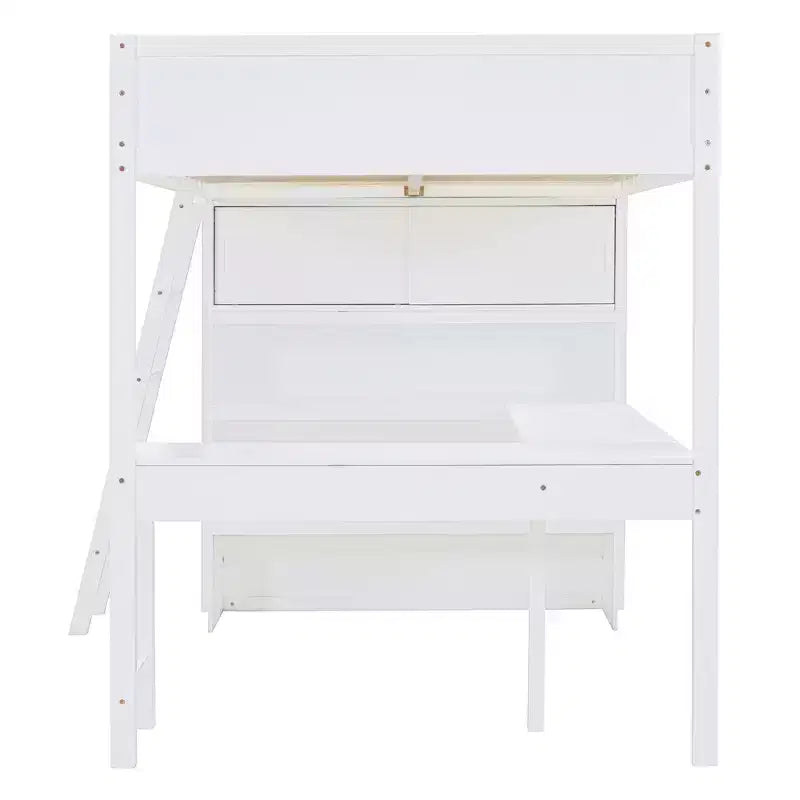 Letto a soppalco full size con scrivania e ripiano, legno massello di pino, sponda di sicurezza, 181 kg, 198 x 146 cm