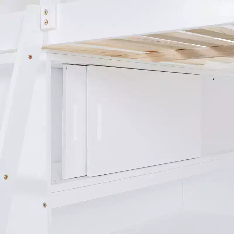 Letto a soppalco full size con scrivania e ripiano, legno massello di pino, sponda di sicurezza, 181 kg, 198 x 146 cm