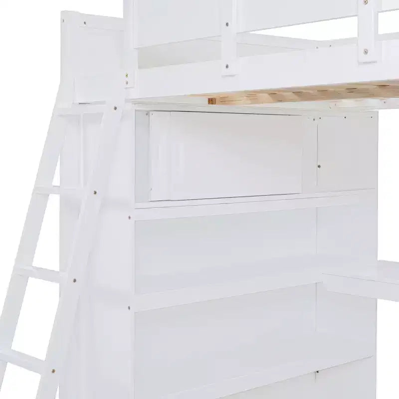 Letto a soppalco full size con scrivania e ripiano, legno massello di pino, sponda di sicurezza, 181 kg, 198 x 146 cm