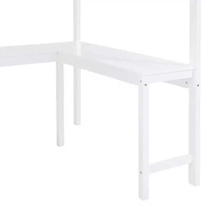 Letto a soppalco full size con scrivania e ripiano, legno massello di pino, sponda di sicurezza, 181 kg, 198 x 146 cm