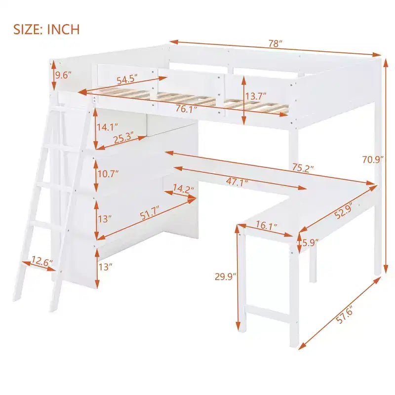 Letto a soppalco full size con scrivania e ripiano, legno massello di pino, sponda di sicurezza, 181 kg, 198 x 146 cm