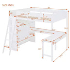 Letto a soppalco full size con scrivania e ripiano, legno massello di pino, sponda di sicurezza, 181 kg, 198 x 146 cm