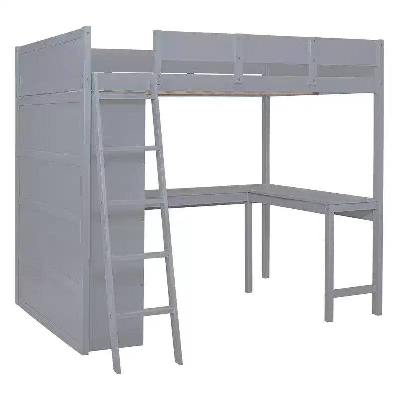 Letto a soppalco full size con scrivania e ripiano, legno massello di pino, sponda di sicurezza, 181 kg, 198 x 146 cm