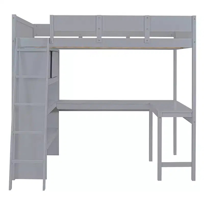 Letto a soppalco full size con scrivania e ripiano, legno massello di pino, sponda di sicurezza, 181 kg, 198 x 146 cm