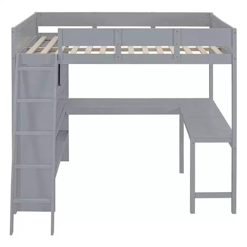 Letto a soppalco full size con scrivania e ripiano, legno massello di pino, sponda di sicurezza, 181 kg, 198 x 146 cm