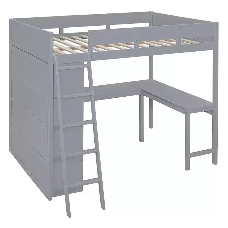 Letto a soppalco full size con scrivania e ripiano, legno massello di pino, sponda di sicurezza, 181 kg, 198 x 146 cm