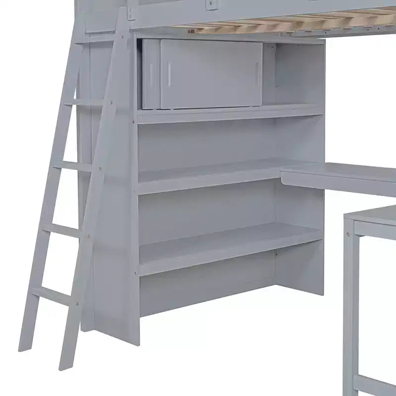 Letto a soppalco full size con scrivania e ripiano, legno massello di pino, sponda di sicurezza, 181 kg, 198 x 146 cm