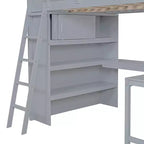 Letto a soppalco full size con scrivania e ripiano, legno massello di pino, sponda di sicurezza, 181 kg, 198 x 146 cm