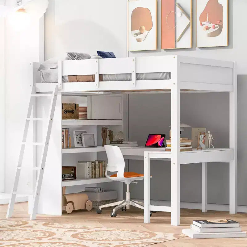Letto a soppalco full size con scrivania e ripiano, legno massello di pino, sponda di sicurezza, 181 kg, 198 x 146 cm