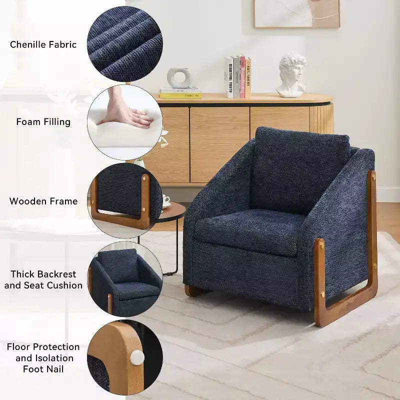 Poltrona Bernie in ciniglia con struttura in legno e borchie