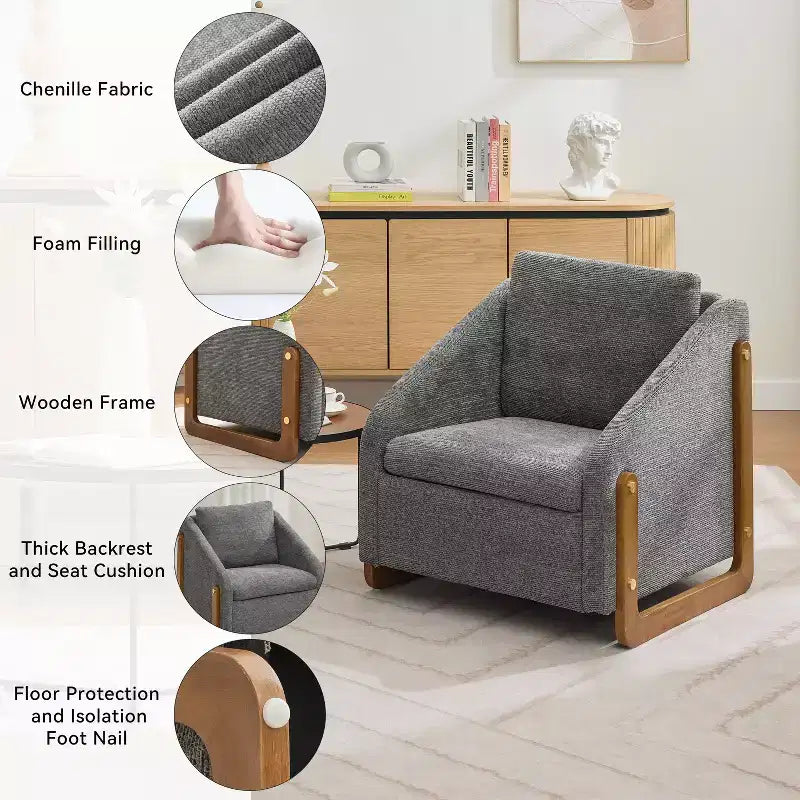 Poltrona Bernie in ciniglia con struttura in legno e borchie