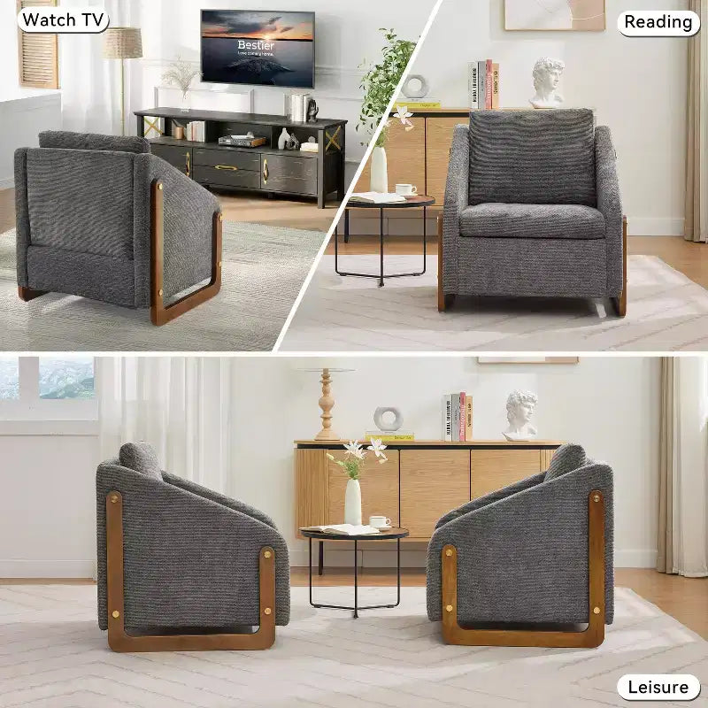 Poltrona Bernie in ciniglia con struttura in legno e borchie