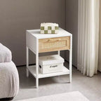 Tavolino Finale in Rattan con Cassetto, Comodino Moderno, Gambe in Metallo, Tavolino d'Appoggio per Soggiorno e Camera da Letto, Bianco