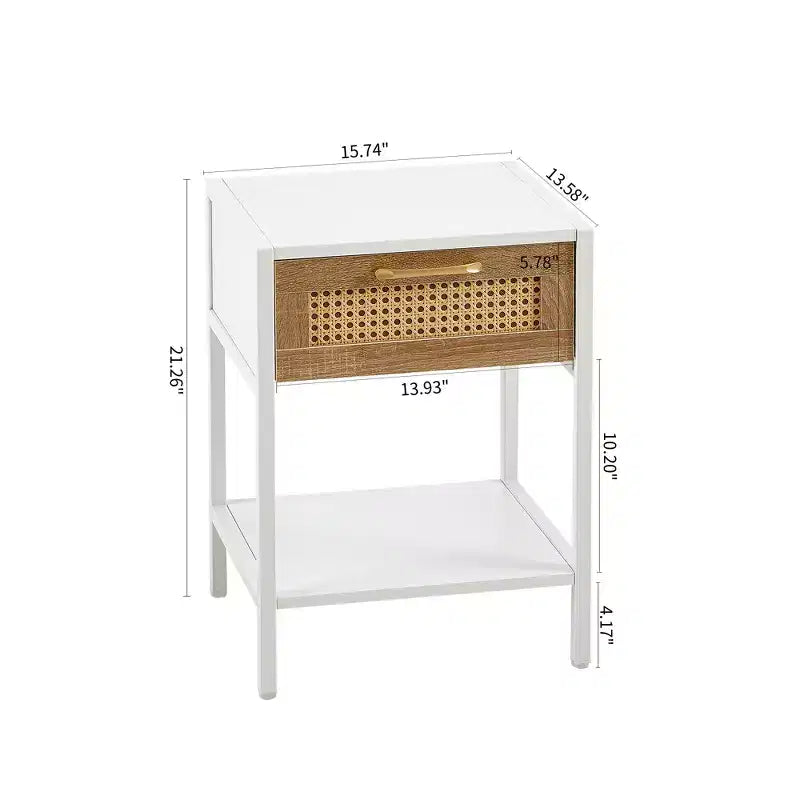 Tavolino Finale in Rattan con Cassetto, Comodino Moderno, Gambe in Metallo, Tavolino d'Appoggio per Soggiorno e Camera da Letto, Bianco