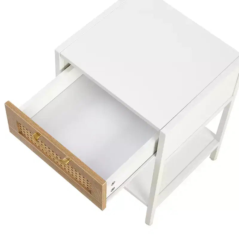 Tavolino Finale in Rattan con Cassetto, Comodino Moderno, Gambe in Metallo, Tavolino d'Appoggio per Soggiorno e Camera da Letto, Bianco
