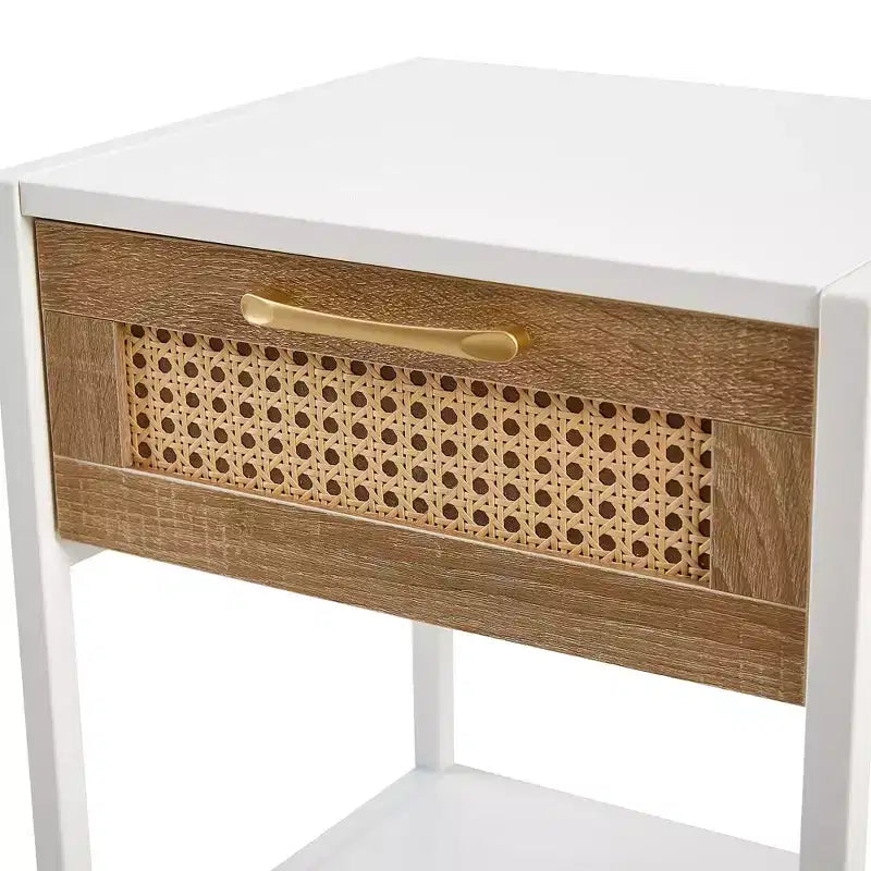 Tavolino Finale in Rattan con Cassetto, Comodino Moderno, Gambe in Metallo, Tavolino d'Appoggio per Soggiorno e Camera da Letto, Bianco