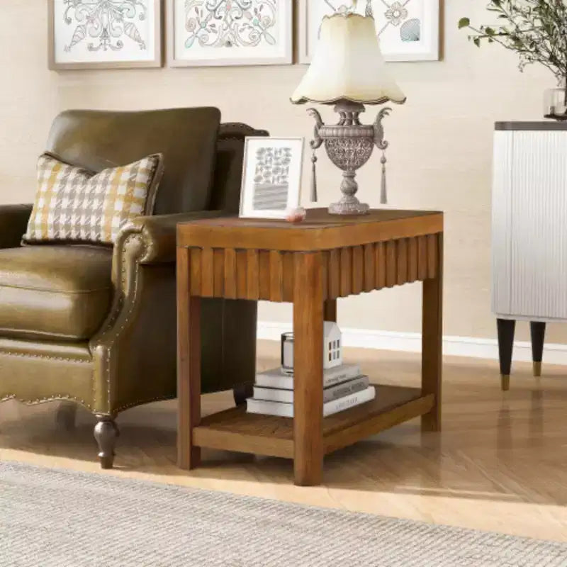 Tavolino da Divano Rettangolare Stile Fattoria con Ripiano Contenitore, Tavolino Laterale con Gambe in Legno Massello per Soggiorno, Camera da Letto, Ufficio, Noce