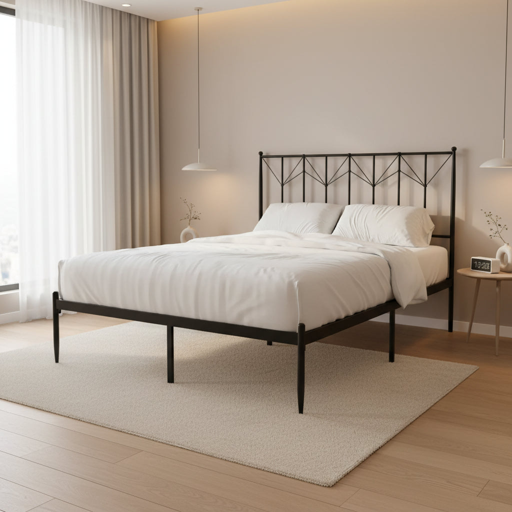Letto a Piattaforma in Metallo con Pomoli Decorativi a Sfera, Telaio Verniciato a Polvere, Nessuna Rete a Molle Necessaria