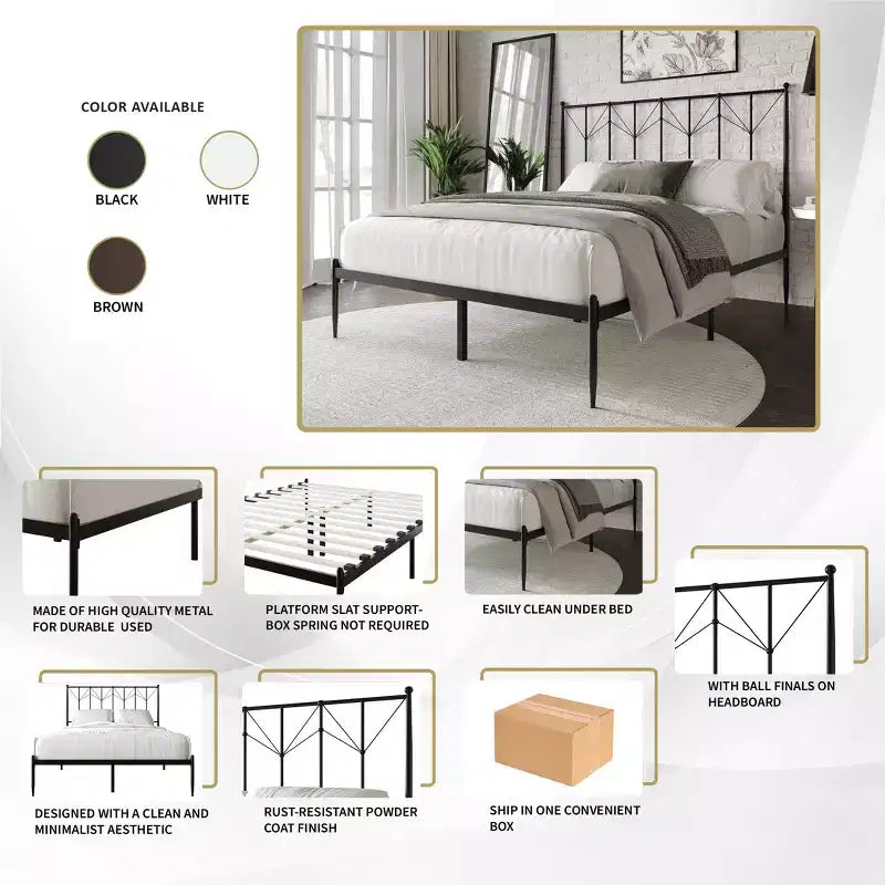 Letto a Piattaforma in Metallo con Pomoli Decorativi a Sfera, Telaio Verniciato a Polvere, Nessuna Rete a Molle Necessaria