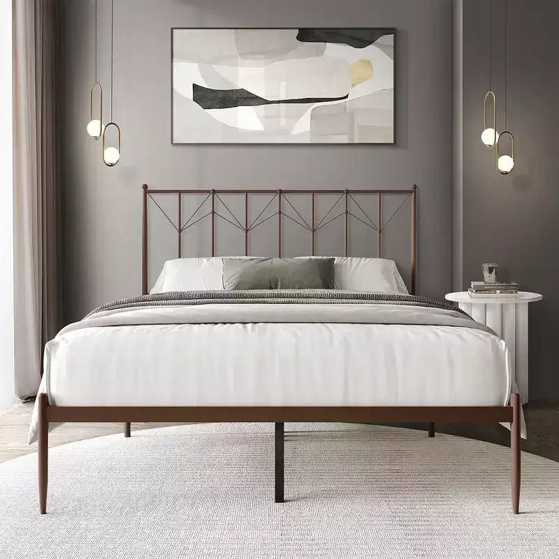 Letto a Piattaforma in Metallo con Pomoli Decorativi a Sfera, Telaio Verniciato a Polvere, Nessuna Rete a Molle Necessaria