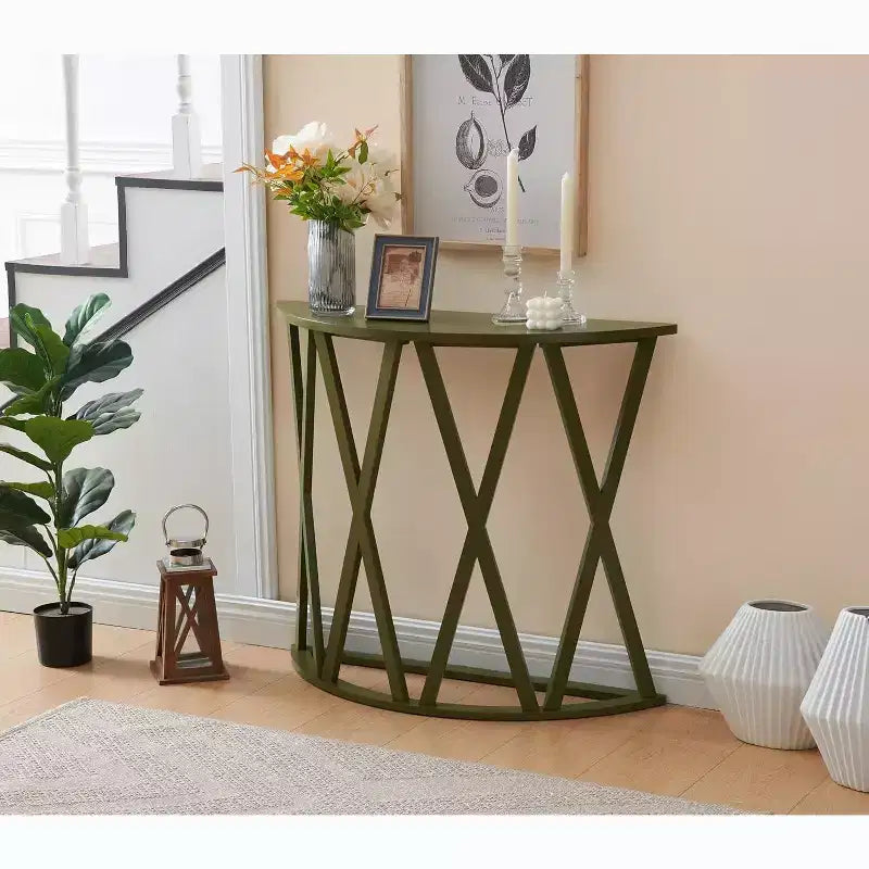 Consolle Vienna Half Moon, design a X, verde avocado, per ingresso e soggiorno