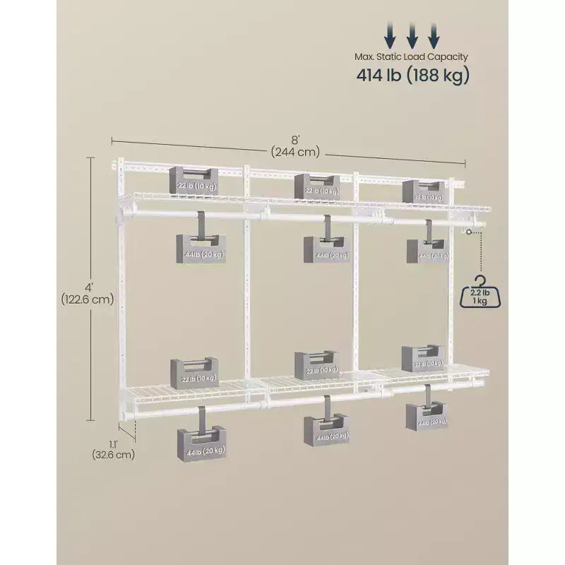 Sistema Organizer Regolabile per Armadio - Unità Scaffalatura in Metallo da 4-8 ft con 6 Aste e 6 Ripiani, Capacità 187 kg, Bianco Nuvola