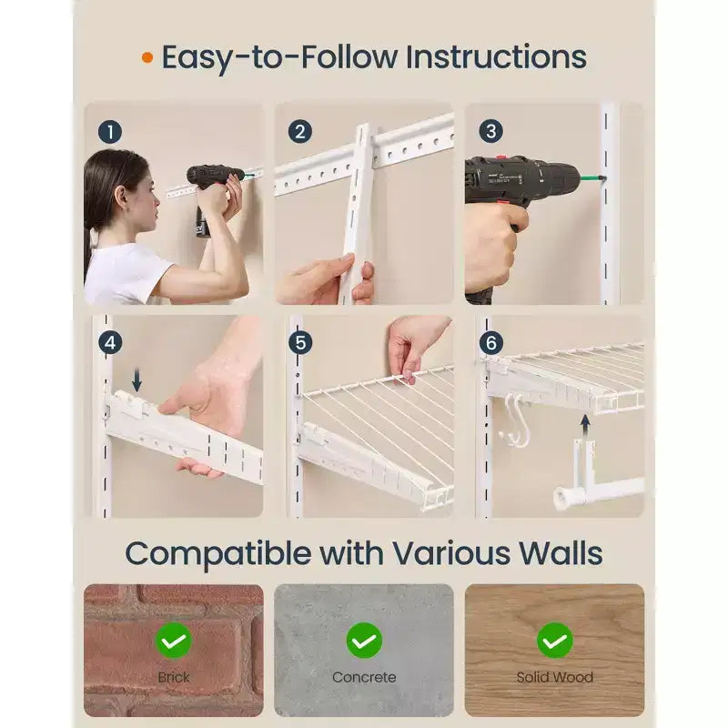 Sistema Organizer Regolabile per Armadio - Unità Scaffalatura in Metallo da 4-8 ft con 6 Aste e 6 Ripiani, Capacità 187 kg, Bianco Nuvola