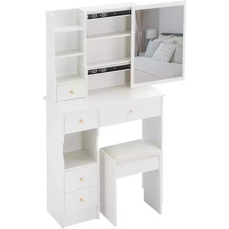 Toeletta con cassetto a sinistra, sgabello imbottito, specchio scorrevole extra-large e vano portaoggetti multilivello
