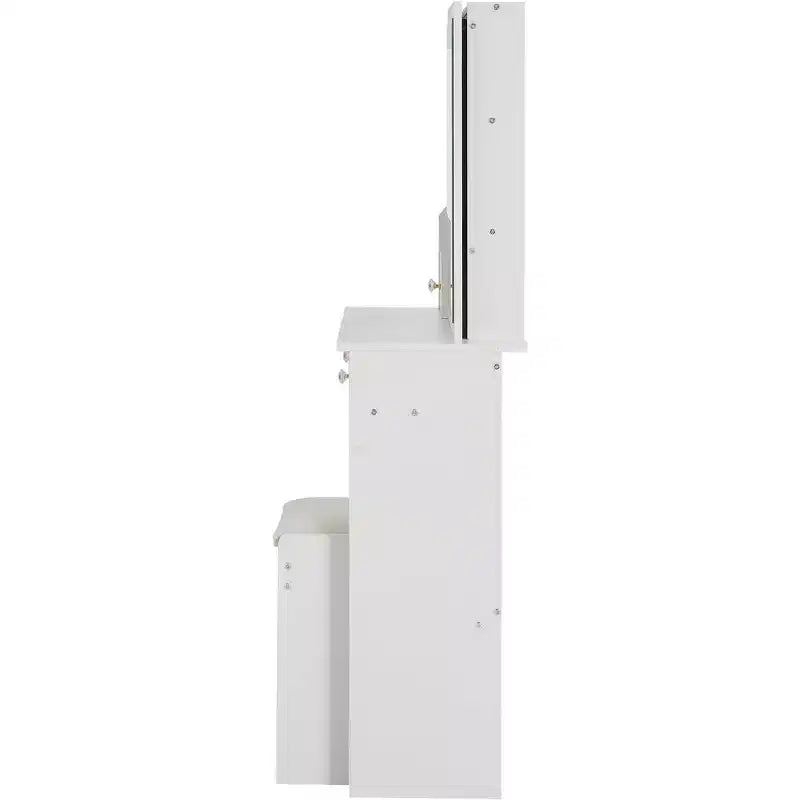 Toeletta con cassetto a sinistra, sgabello imbottito, specchio scorrevole extra-large e vano portaoggetti multilivello