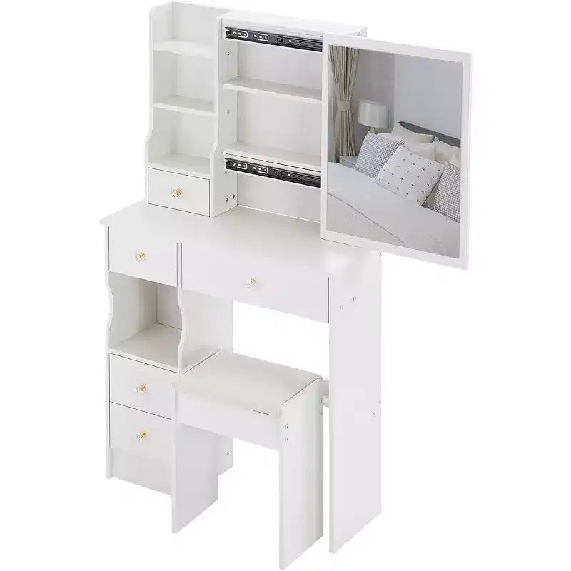 Toeletta con cassetto a sinistra, sgabello imbottito, specchio scorrevole extra-large e vano portaoggetti multilivello