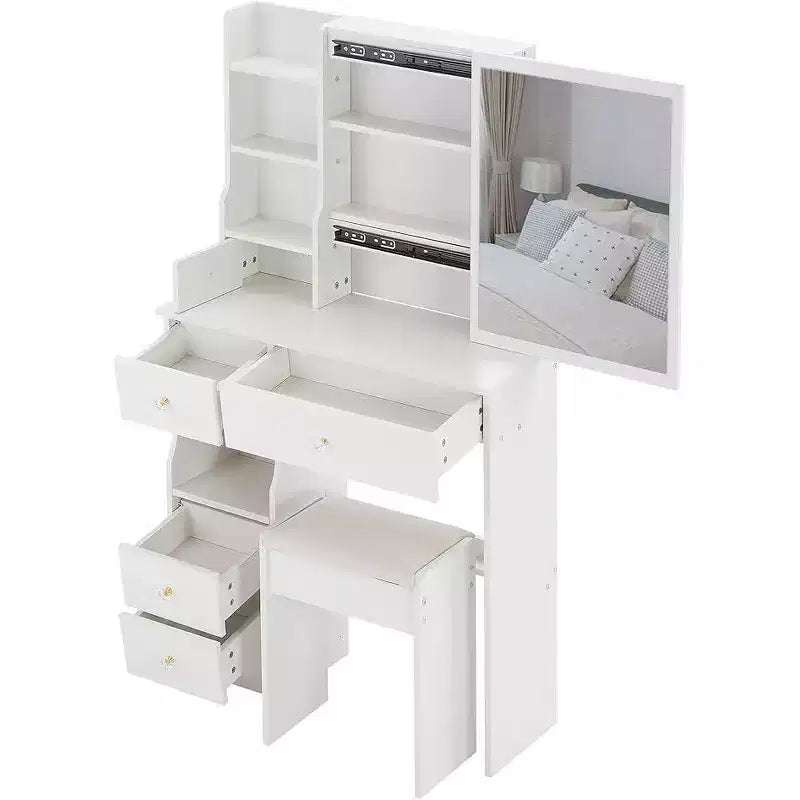 Toeletta con cassetto a sinistra, sgabello imbottito, specchio scorrevole extra-large e vano portaoggetti multilivello