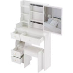 Toeletta con cassetto a sinistra, sgabello imbottito, specchio scorrevole extra-large e vano portaoggetti multilivello
