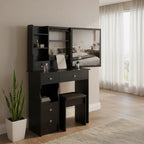 Toeletta con cassetto a sinistra, sgabello imbottito, specchio scorrevole extra-large e vano portaoggetti multilivello