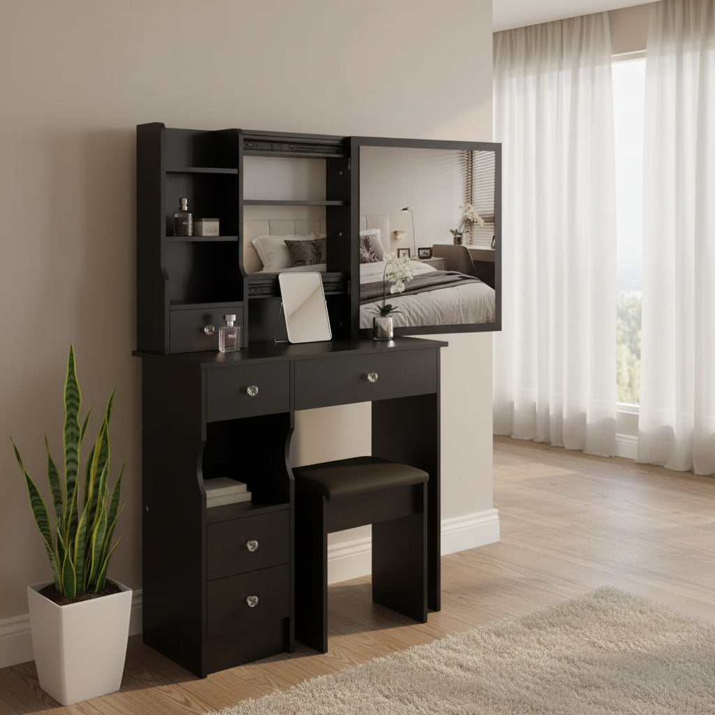 Toeletta con cassetto a sinistra, sgabello imbottito, specchio scorrevole extra-large e vano portaoggetti multilivello