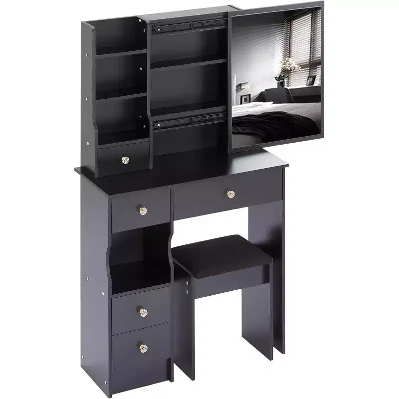 Toeletta con cassetto a sinistra, sgabello imbottito, specchio scorrevole extra-large e vano portaoggetti multilivello