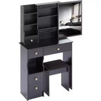 Toeletta con cassetto a sinistra, sgabello imbottito, specchio scorrevole extra-large e vano portaoggetti multilivello