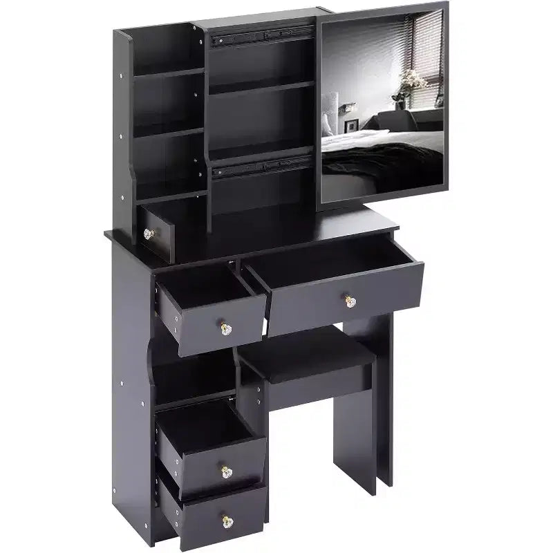 Toeletta con cassetto a sinistra, sgabello imbottito, specchio scorrevole extra-large e vano portaoggetti multilivello