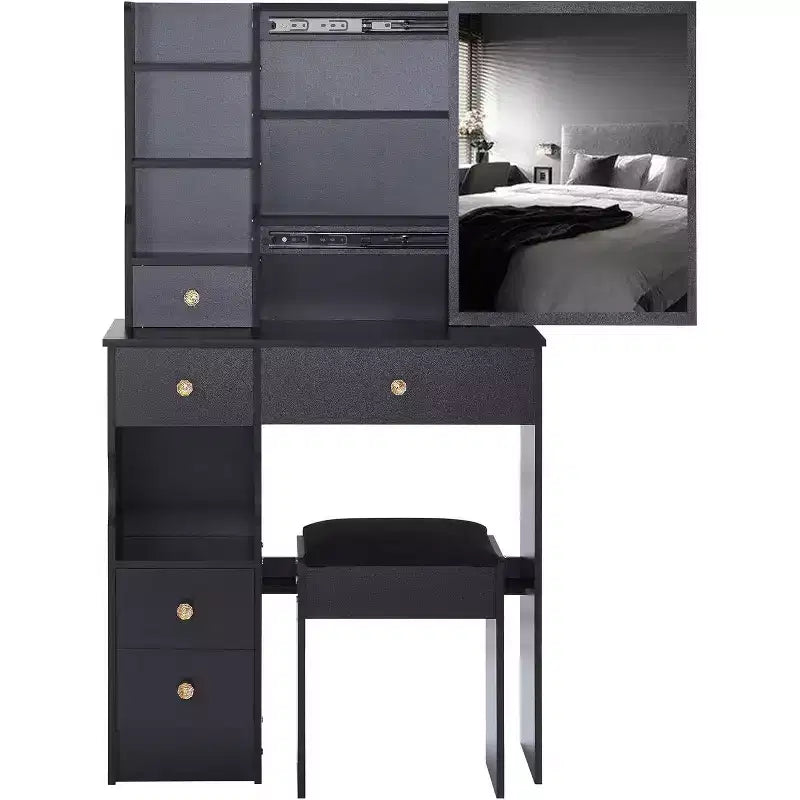 Toeletta con cassetto a sinistra, sgabello imbottito, specchio scorrevole extra-large e vano portaoggetti multilivello